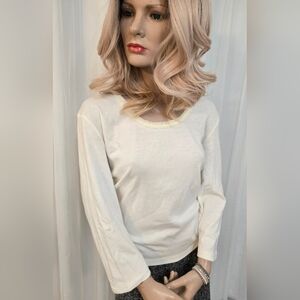 Liz Claiborne Cream Three Quarter Sleeve Scoop Neck Blouse With Ruffle Neckline.